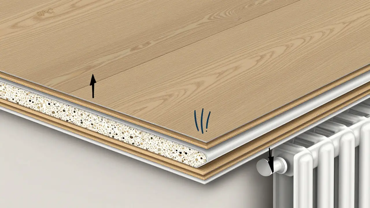 Příčný řez SPC a vinylové podlahy s viditelnými vrstvami a rozdíly v stabilitě a tlumení hluku.