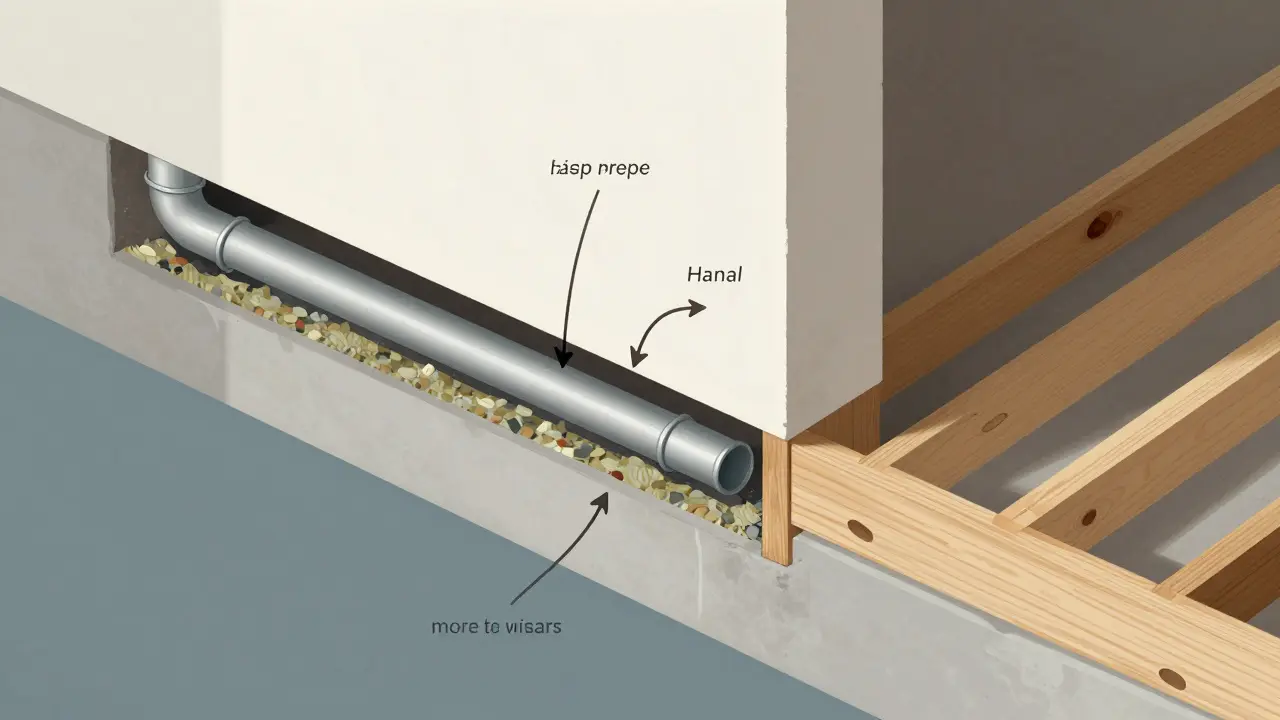 Průřez domu ukazující skrytý únik vody v konstrukci zdi a podlahy.