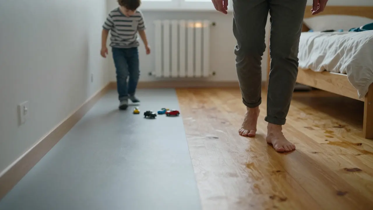 Rodina v bytě: dítě hraje na tvrdé SPC, starší osoba chodí bosá po měkkém vinylu v ložnici.
