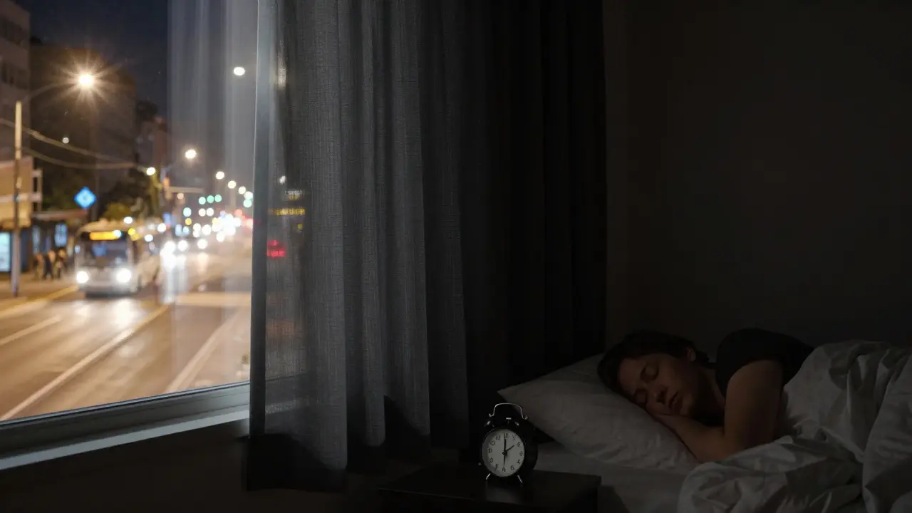 Srovnání rušivé ulice venku a klidné, tmavé ložnice uvnitř s uzavřenými závěsy.