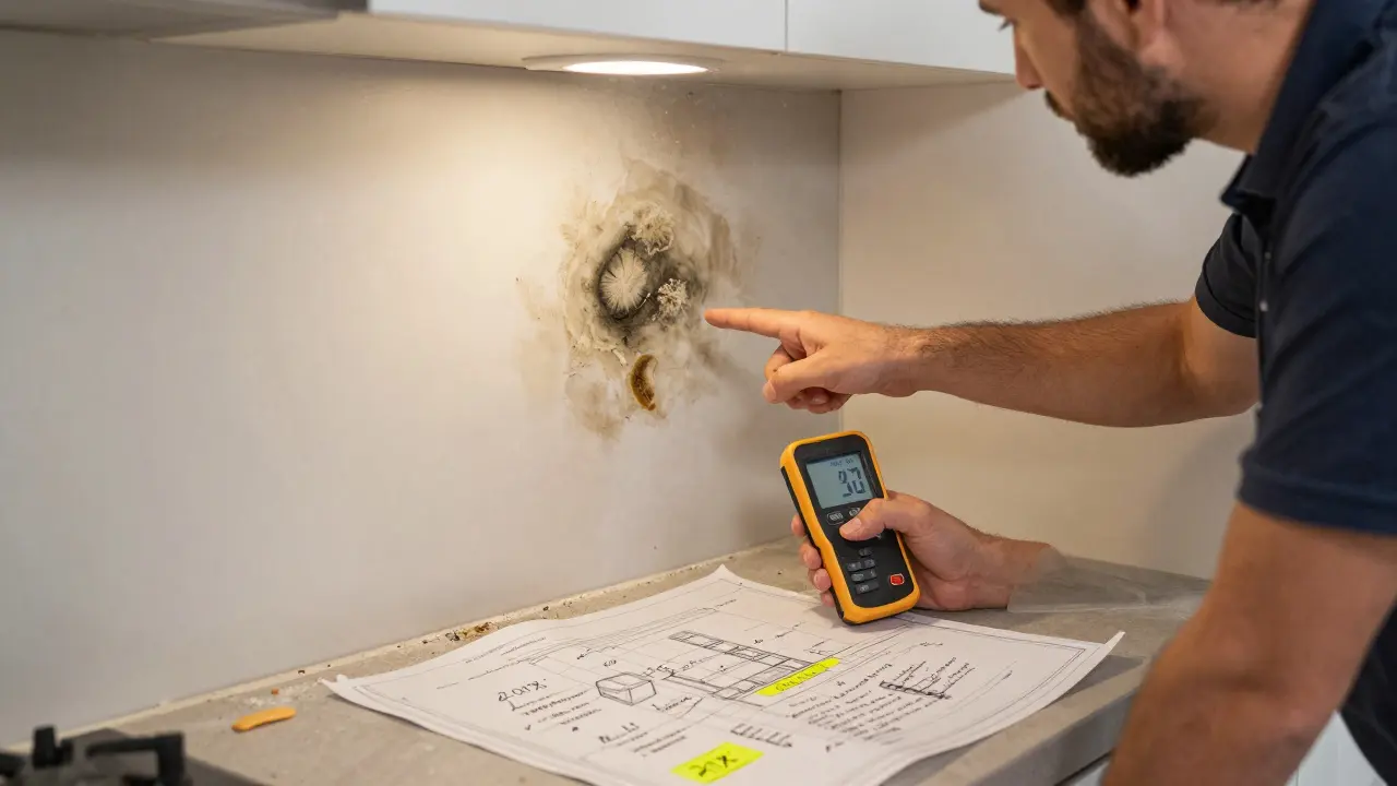 Vlastník a odborník zkoumají plíseň za odstraněným obkladem v kuchyni.