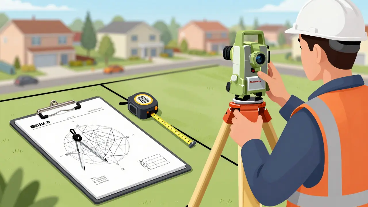 Zeměměřič měří hranici pozemku pomocí laserového přístroje.