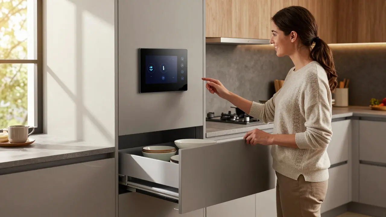 Žena při hlasovém ovládání chytré kuchyně, kde se zásuvka automaticky vysouvá.