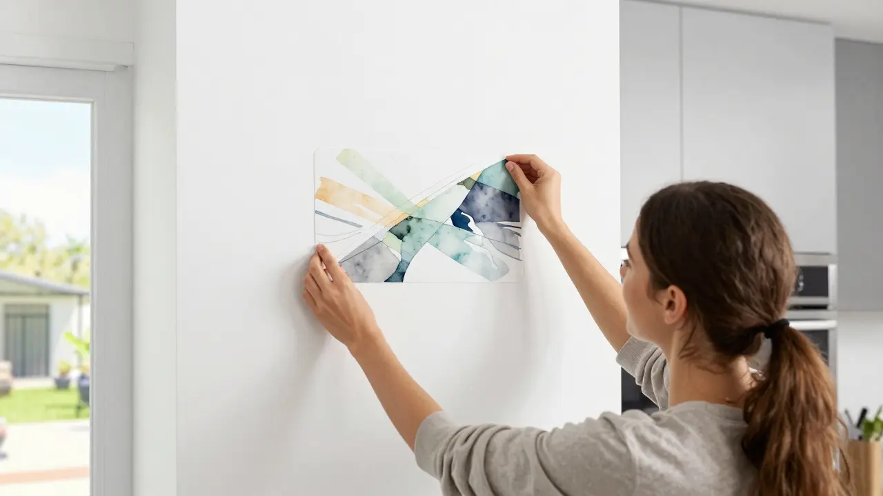 Žena přilepuje samolepící panel s uměleckým motivem do kuchyně.