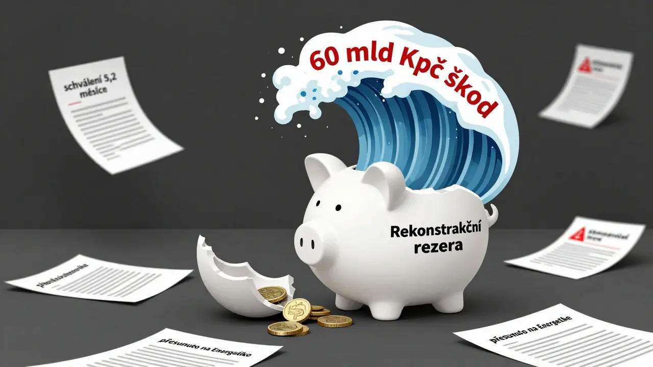 Zlomená pokladnička s rezervou, která vysypává jen pár korun, zatímco vlna škod převyšuje vše.