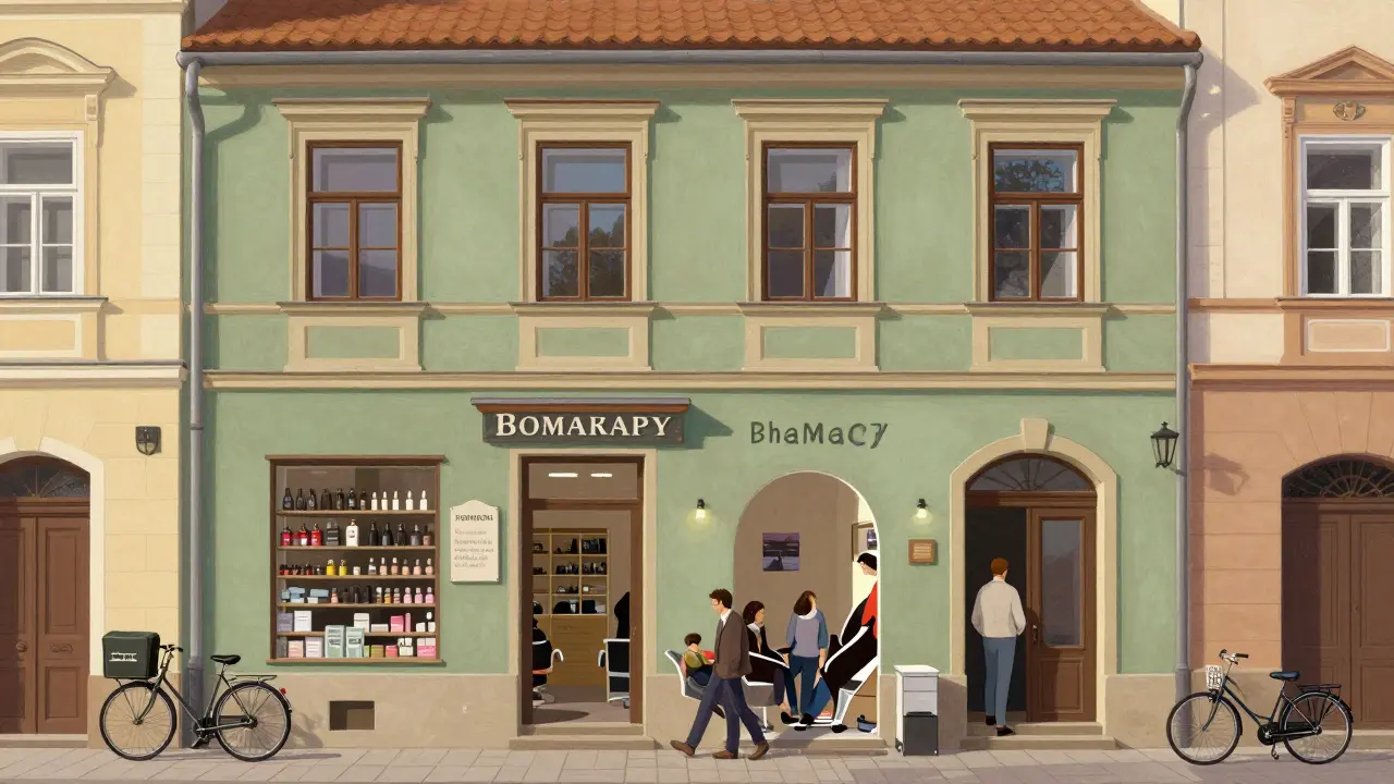 Brněnský dům s lékárnou a kadeřnictvím na přízemí, obyvatelé vstupují do domu.