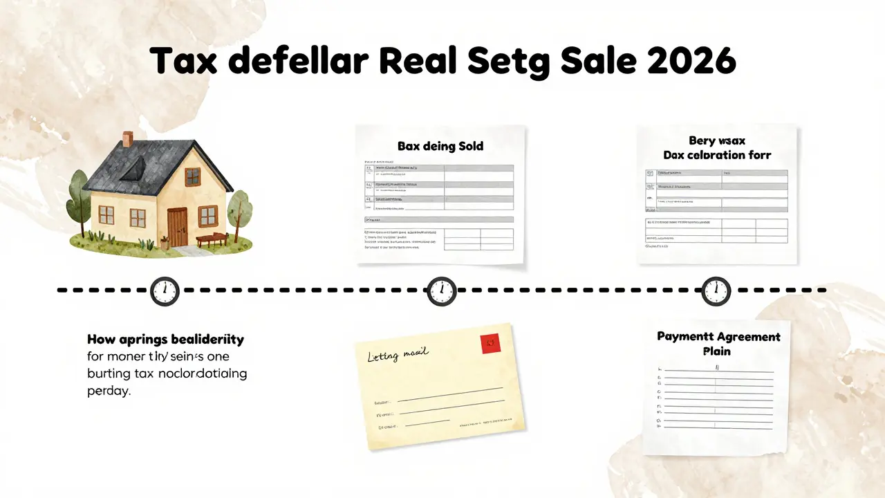 Časová osa kroků pro žádost o posečkání daně z prodeje nemovitosti v roce 2026.