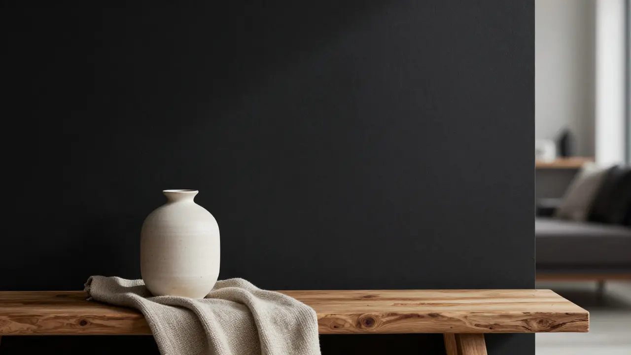 Černý cihlový obklad jako výrazná stěna v moderním obýváku s keramickou vázou a lněným kobercem, dramatické osvětlení.