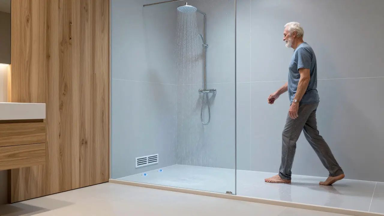 Chytrá sprcha s senzory vlhkosti, které automaticky spouštějí vývětu, moderní a bezpečná koupelna pro starší lidi.