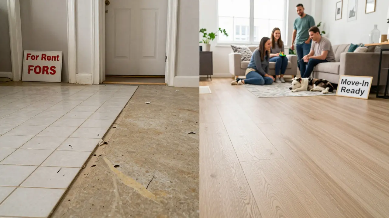 Comparison of damaged old flooring versus modern vinyl in rental apartments, showing why vinyl is the better choice.