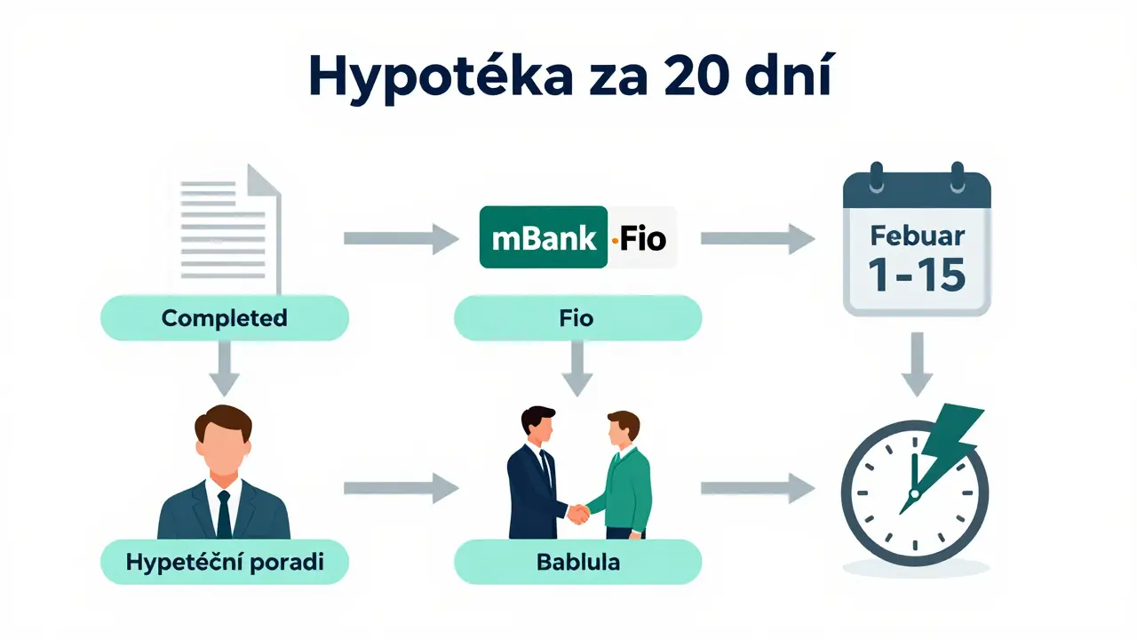 Digitální schéma kroků k rychlému schválení hypotéky s logy bank a kalendářem v únoru.
