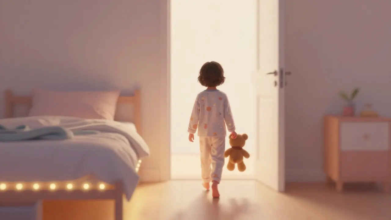 Dítě bezpečně naviguje v ložnici s teplým LED světlem pod postelí.