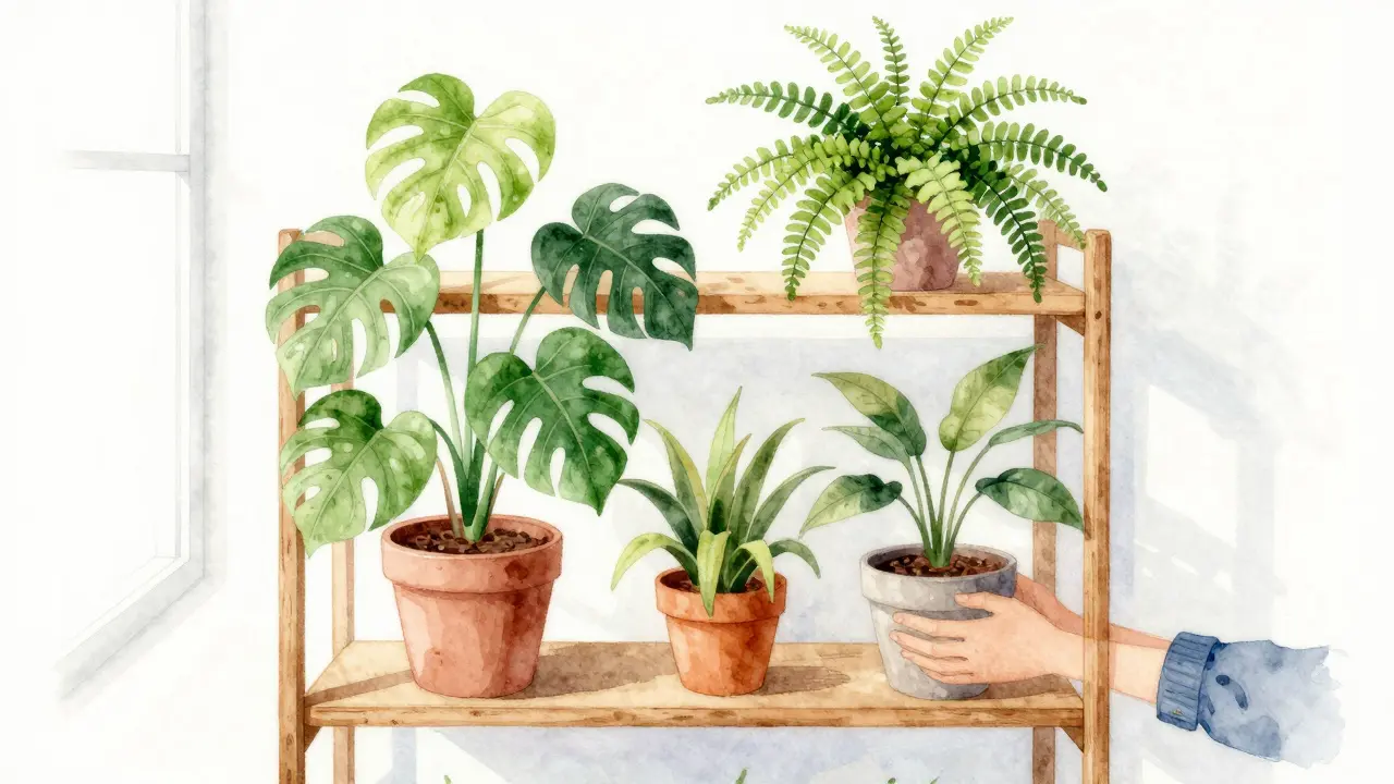 Dřevěný stojan s těžšími rostlinami dole a jemnými nahoře podle pravidla 30/70.