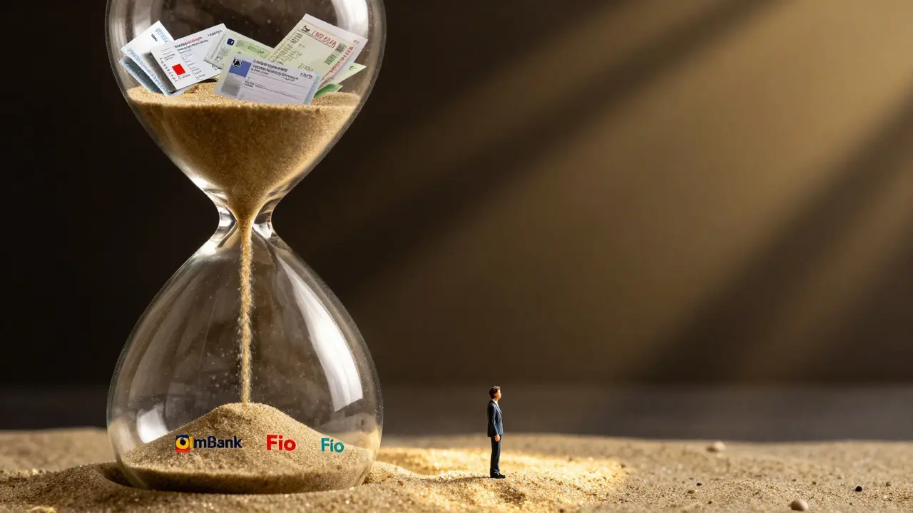 Hodiny s pískem, který převáží dokumenty do logů mBank a Fio, symbolizující rychlost procesu.