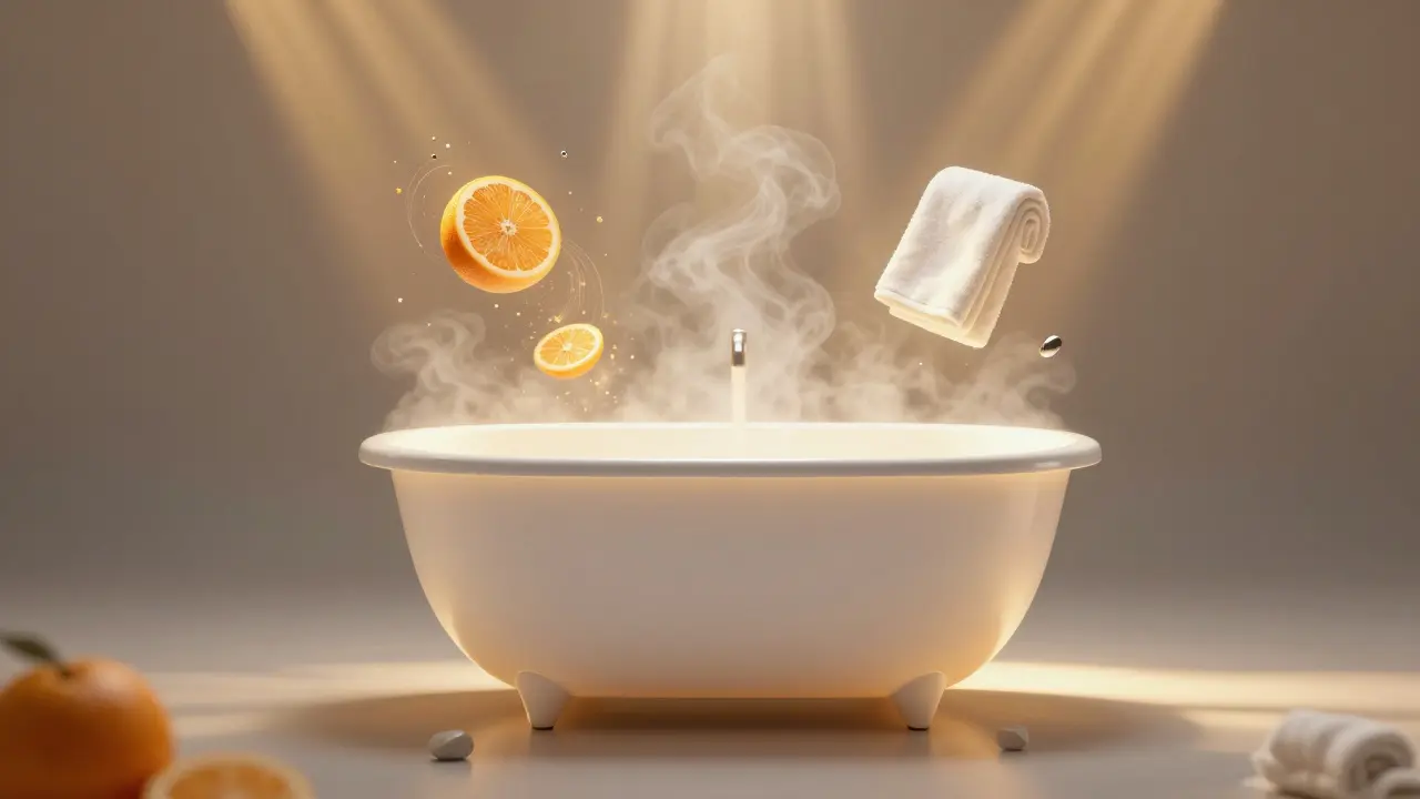 Konceptuální obraz koupelny ve výši, plné světla a par, symbolizující wellness a emocionální pouto k domovu.