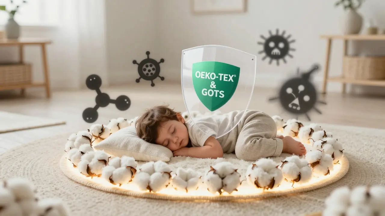 Konceptuální obrázek přírodních vláken ochraňujících dítě před chemickými látkami, s certifikacemi OEKO-TEX® a GOTS jako štítem.