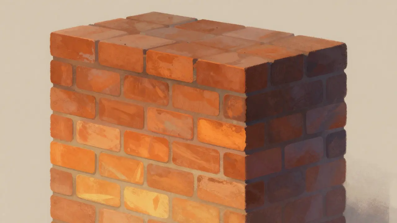 Křížový řez cihlového obkladu ukazující, jak uchovává teplo v interiéru, s teplými a studenými odstíny barvy.