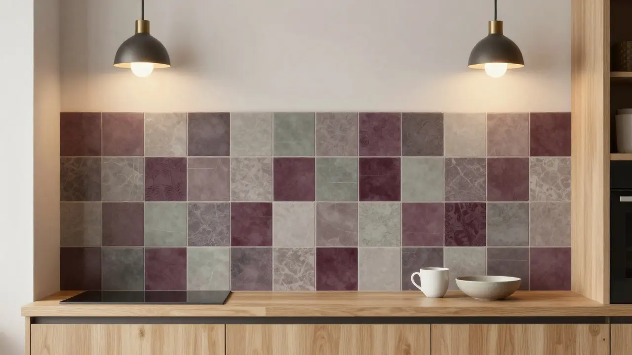 Kuchyňský obklad v Praze s jemnými texturami a matnými dlaždicemi v zelených a vínových barvách.