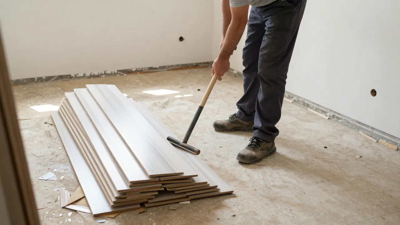 Landlord carefully removing floating vinyl planks from a subfloor, stacking them neatly for reuse in another unit.