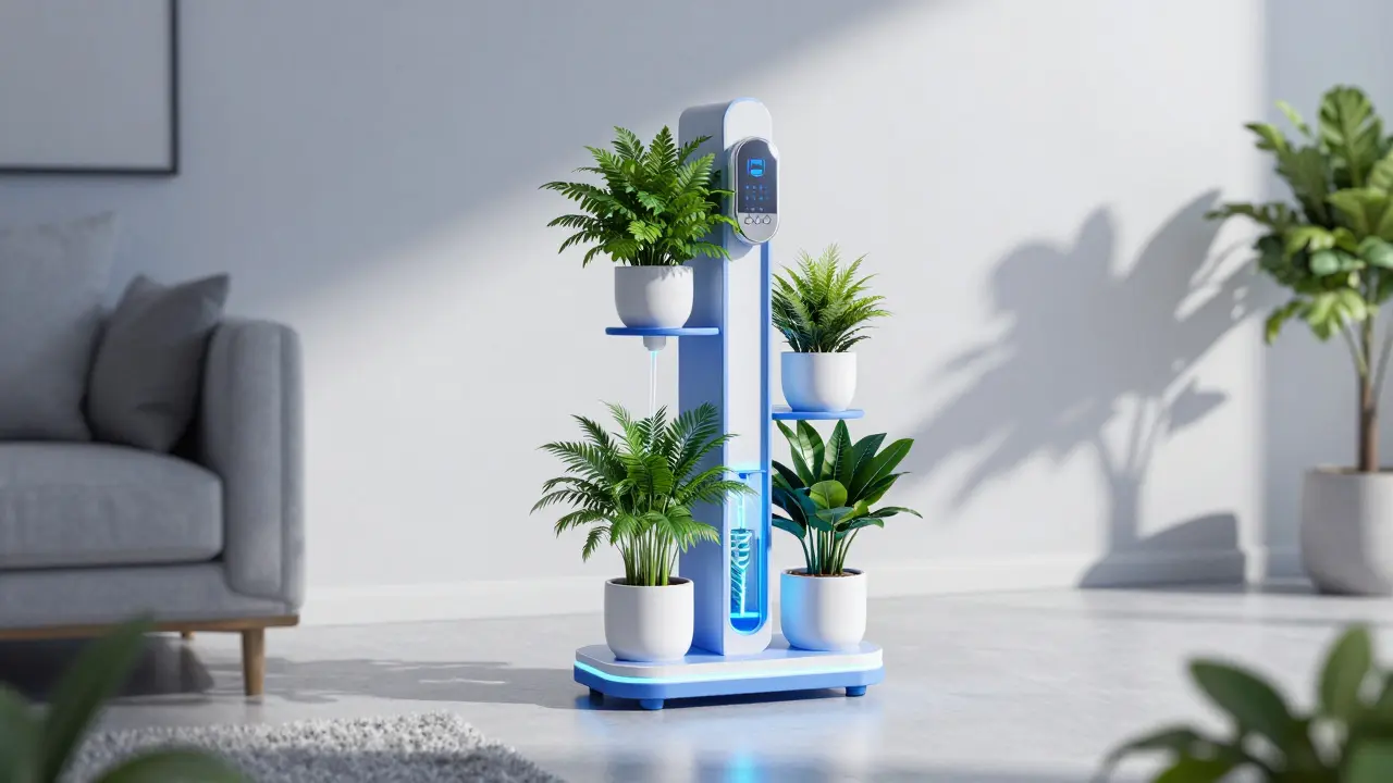 Modulární stojan s chytrým záliváním v moderním interiéru 2026.