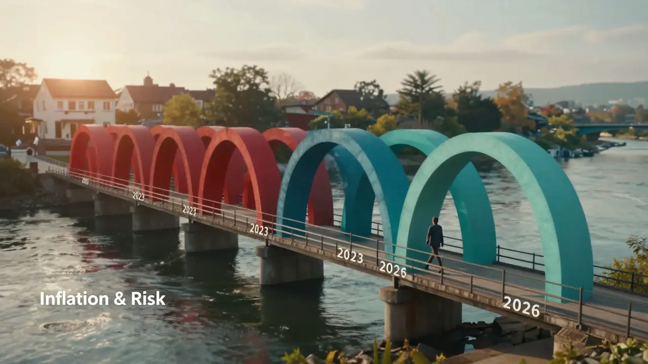 Most tvořený roky od 2023 do 2026, kde barvy přecházejí z červené do modré, symbolizující pokles úrokových sazeb.