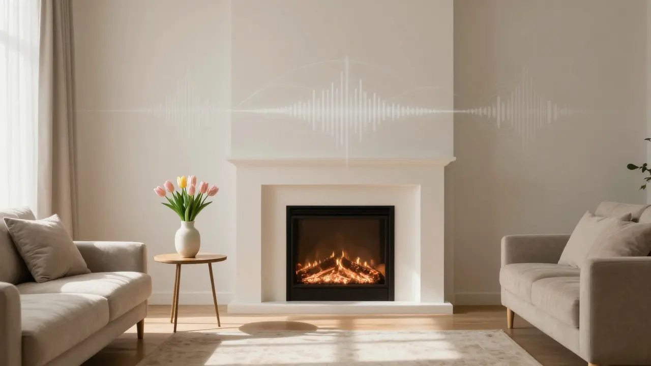 Nezatížený byt s květinami, rozsvíceným krbem a jemnými vlnami zvuku, symbolizujícími klidnou hudbu a vůni domova.