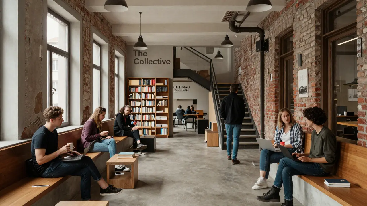 Přestavěná škola v Holešovicích s širokými chodbami, kde se obyvatelé náhodně setkávají.