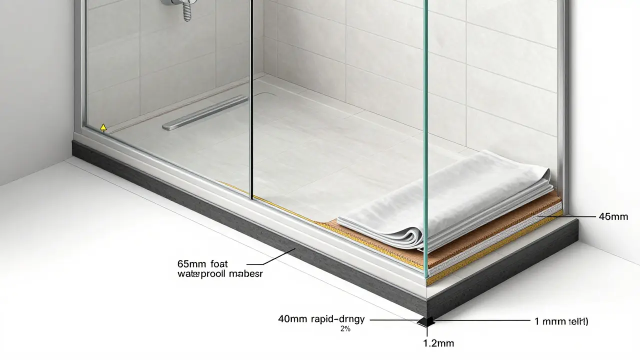 Průřez bezzárubňové sprchy s vrstvami potěru, hydroizolace a odtoku, ukazující správnou konstrukci pro vodotěsnost.