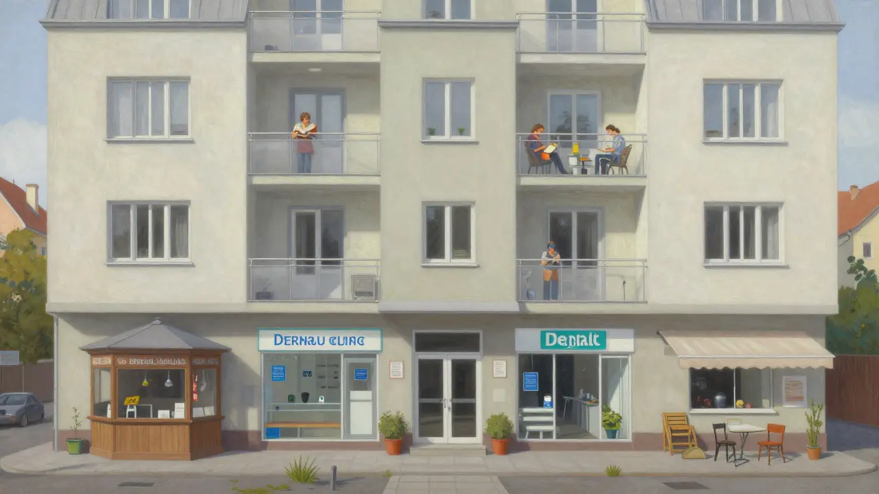 Průřez budovy v Ostravě s byty nahoře a malými službami dole, viditelné izolace mezi patry.