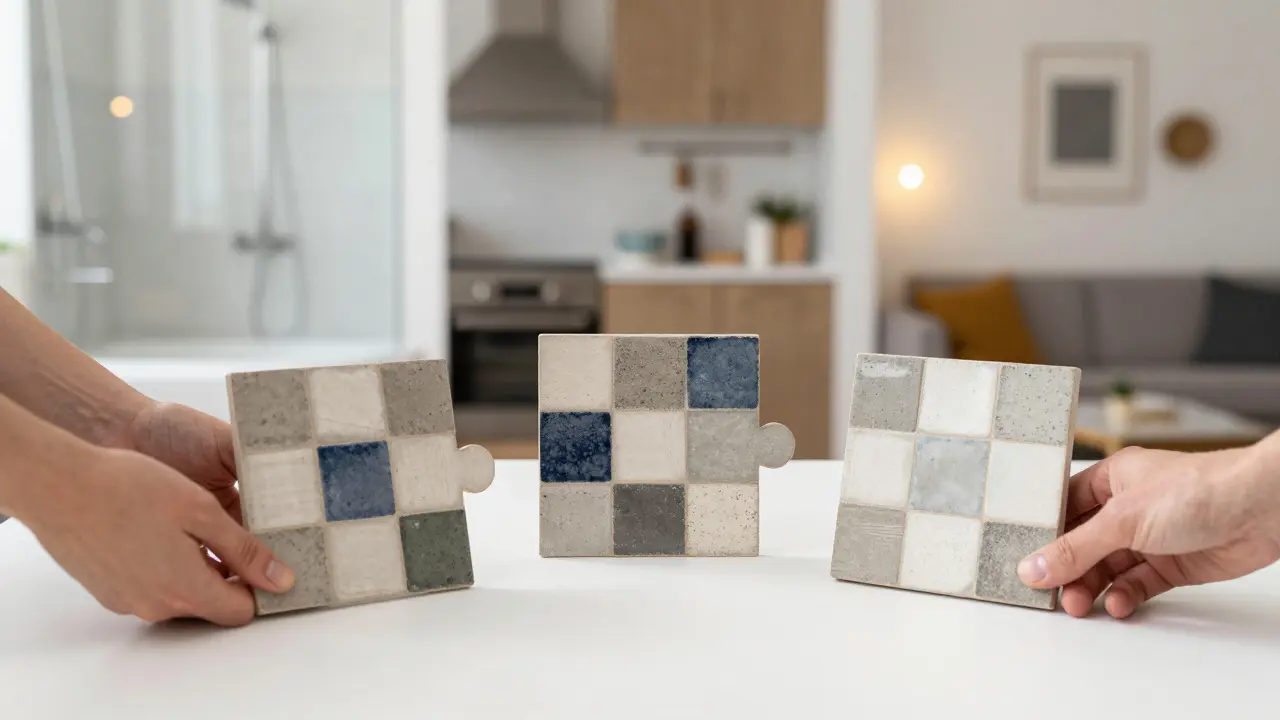 Ruce skládají tři různé kolekce patchworkových obkladů na bílé podložce jako uměleckou mozaiku.