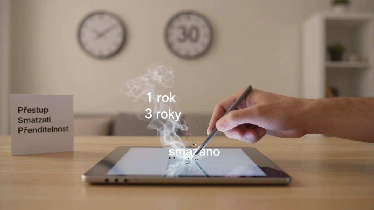 Ruka mazá digitální data s časovými štítky, za nimiž je informační list s právy zájemce.