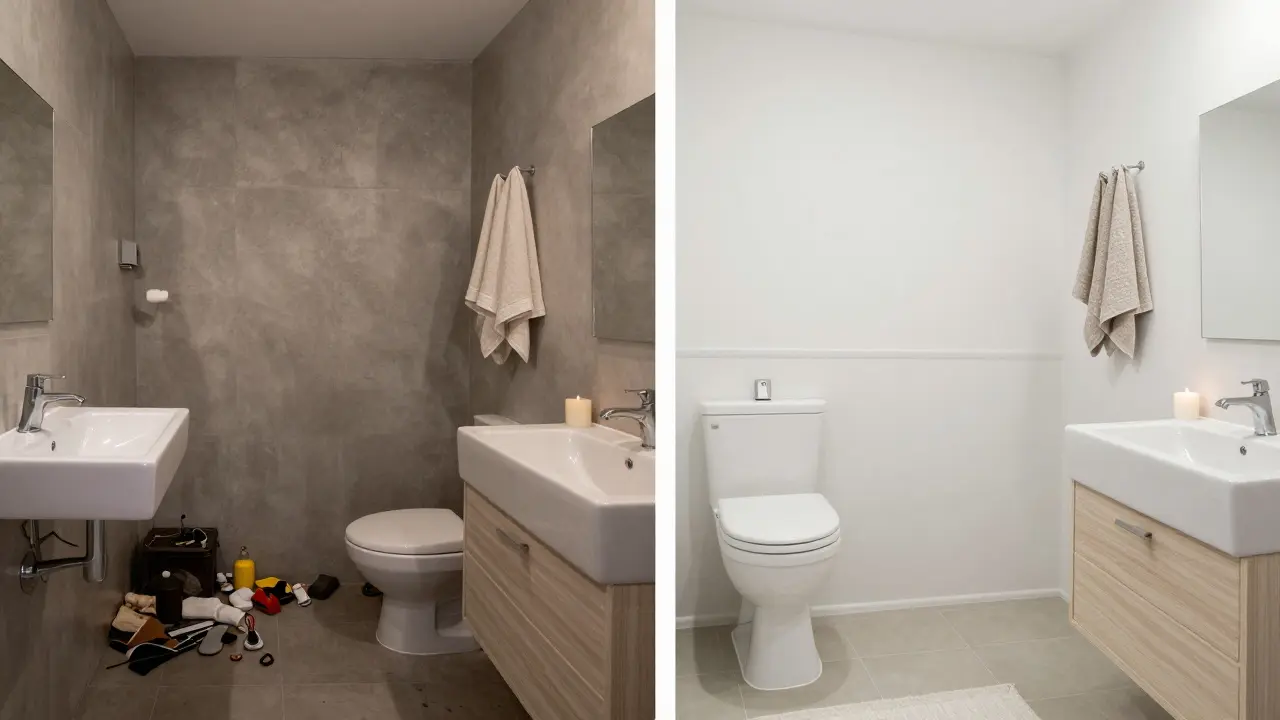 Srovnání špatně údržované a stagingované koupelny: z jedné strany chaos, z druhé strany klid a čistota.