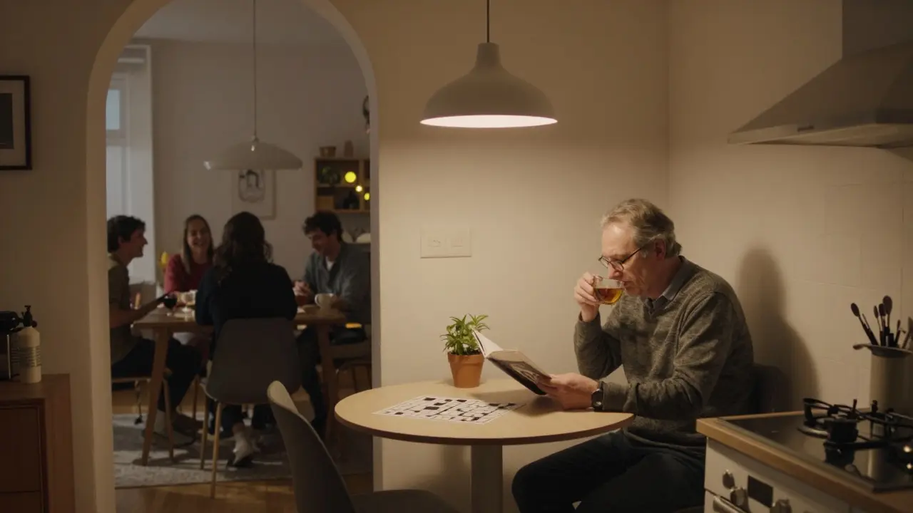 Starší muž sedí samotný v kuchyni společného bydlení, zatímco v pozadí slyšet smích.
