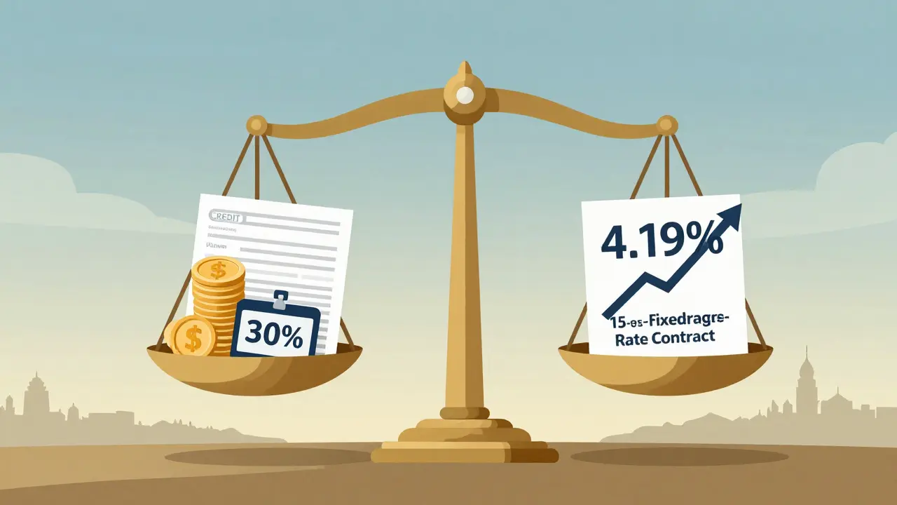 Váha s vlastním příspěvkem, pracovním potvrzením a kreditní historií na jedné straně a nízkým úrokem 4,19 % na druhé.