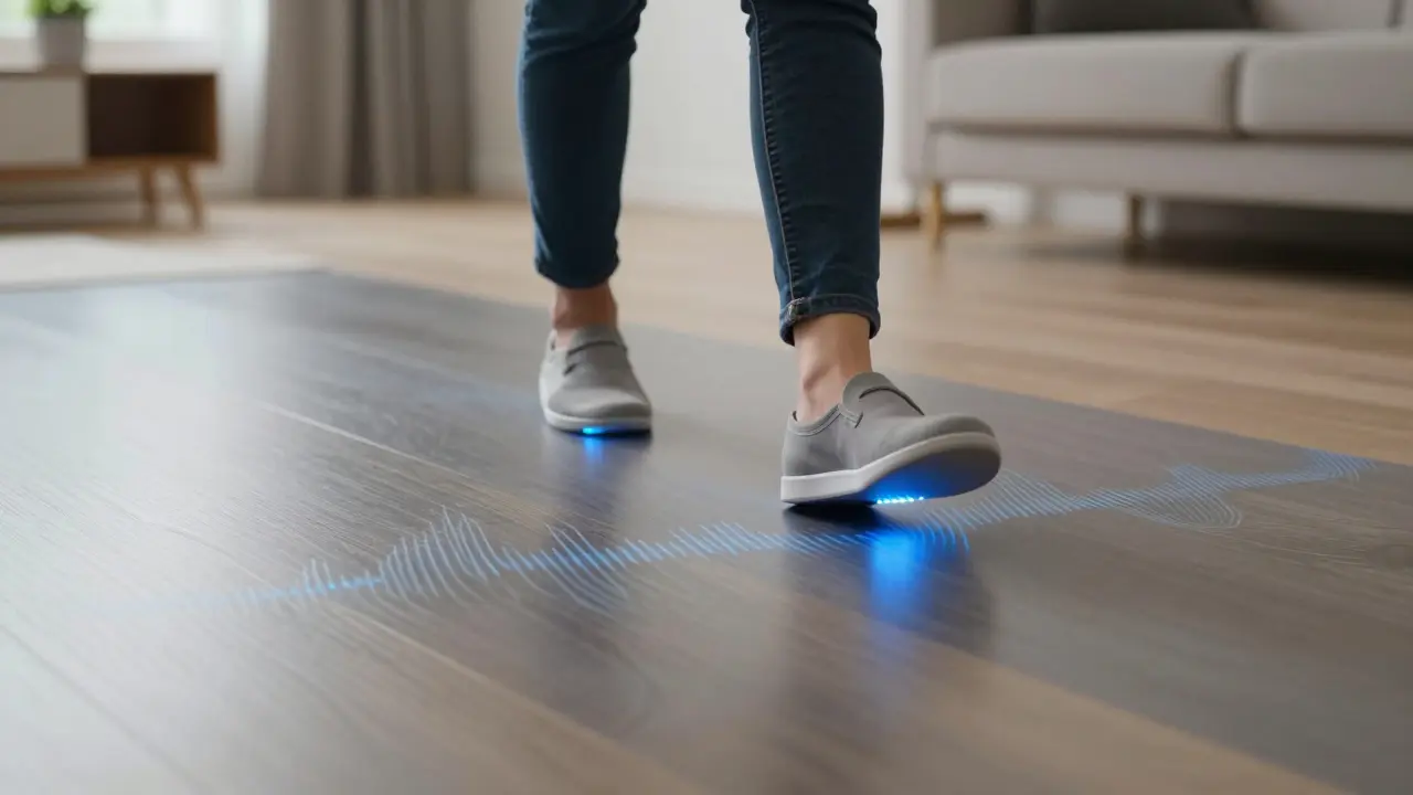 Budoucí akustická podlaha s piezoelektrickými prvky, které přeměňují kroky na energii a zároveň tlumí hluk.
