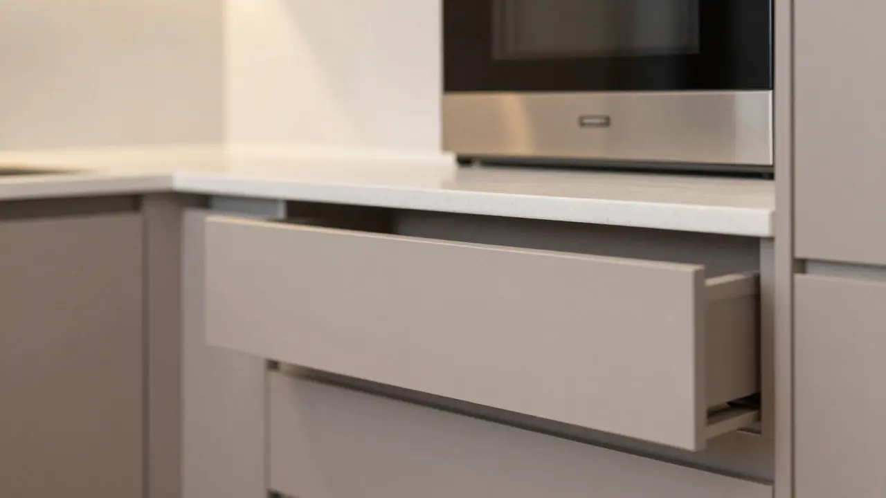 Detail přizpůsobené kuchyně s tichým zavíráním šuplíků a integrovaným osvětlením.