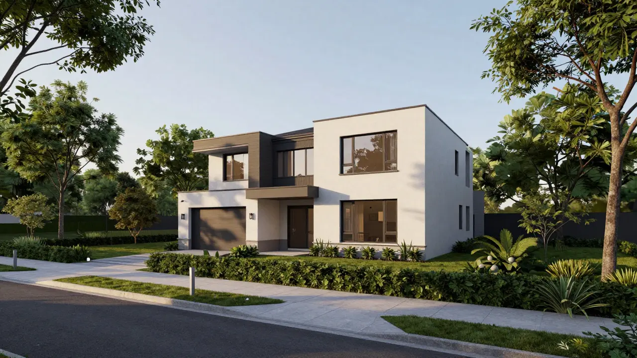 Dům ve styku s krajinou dodržující stavební odstup a zeleň.