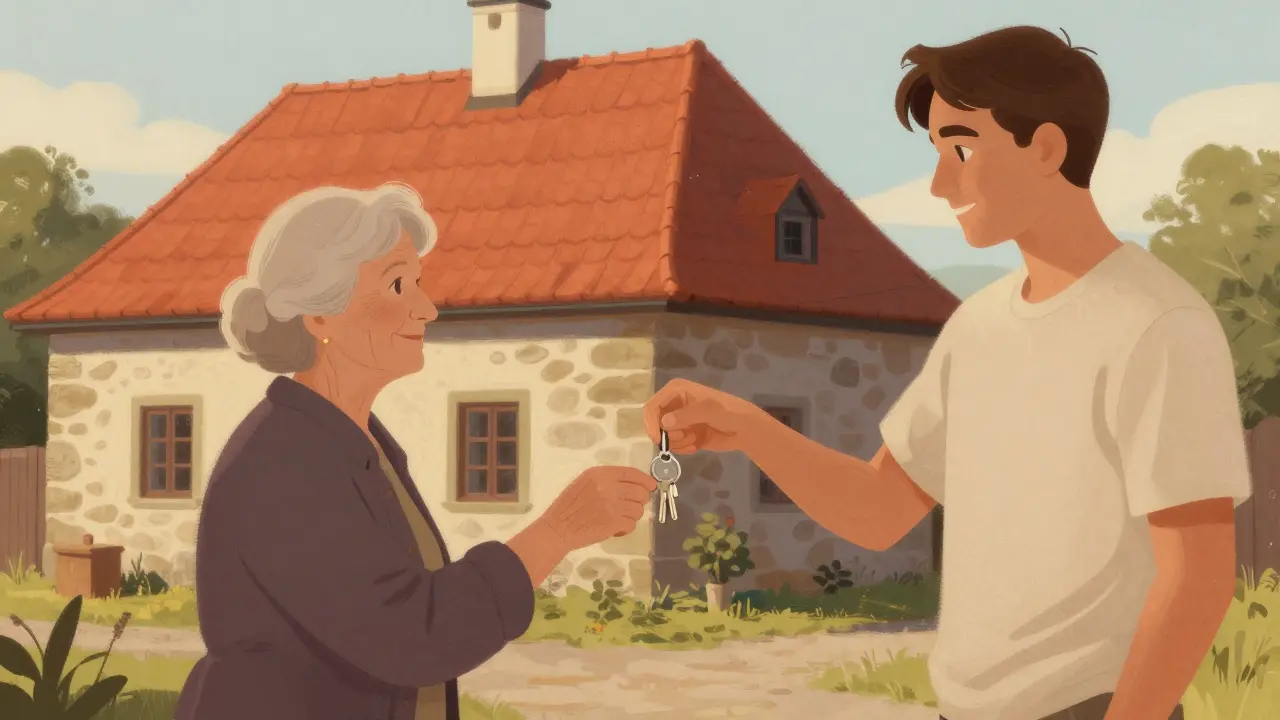 Dvě generace před domem vyměňují klíče v ilustraci dědictví nemovitostí