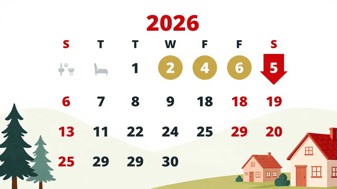 Kalendář slev v Česku pro rok 2026 s ikonami domácích potřeb a důležitými daty v březnu, září, listopadu a lednu.
