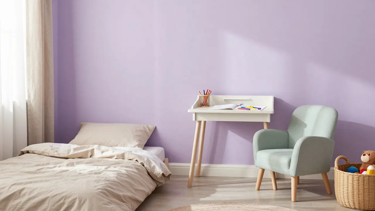Klidný pokoj s pastelově fialovou, béžovou a jemně zelenou paletou, naplněným jemným světlem a kreativními prvky.