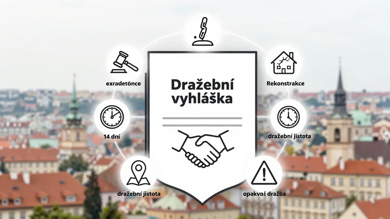 Koncepční ilustrace ochranného štítu s osmi ikonami popisujícími klíčové body dražební vyhlášky.