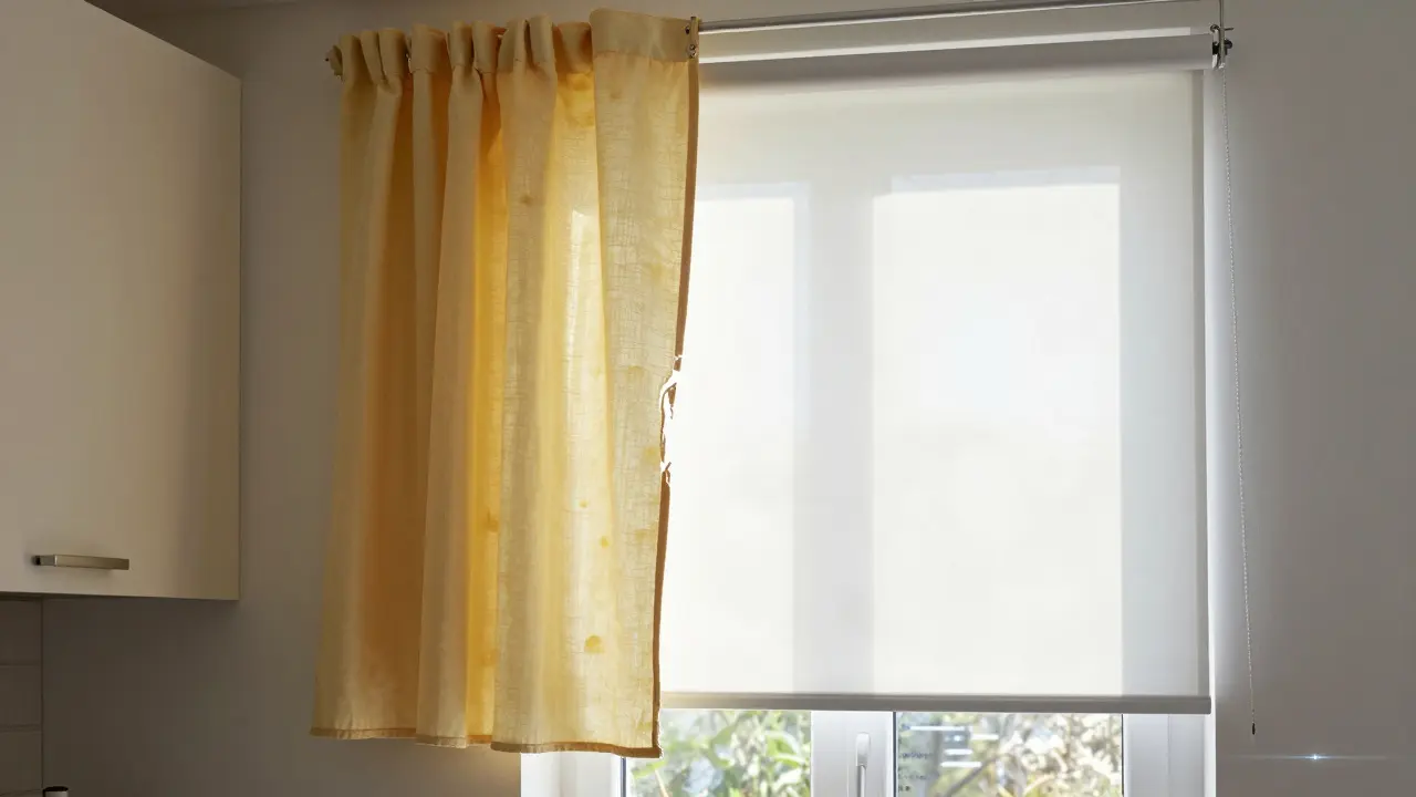 Kontrast mezi poškozeným bavlněným závěsem a novým odolným polyesterovým závěsem v kuchyni.