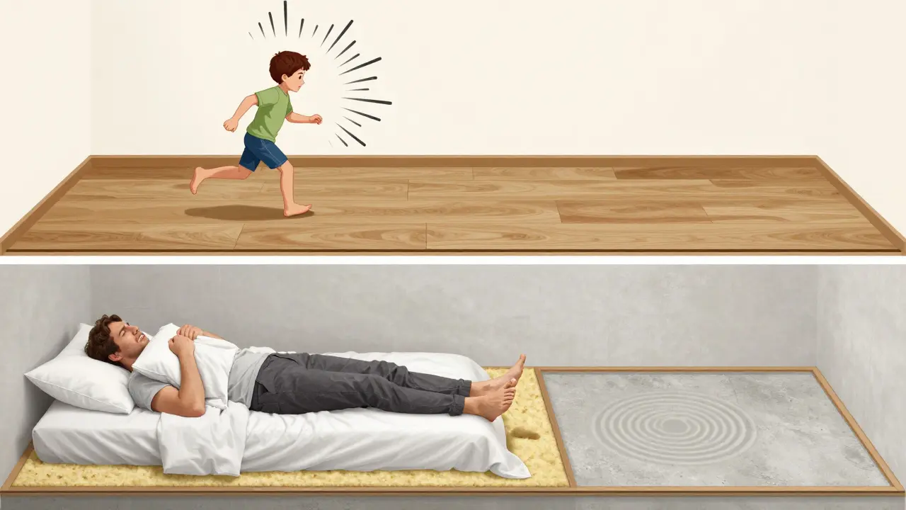 Kontrast mezi špatně izolovanou podlahou, která šíří hluk, a dobře izolovanou, která zajišťuje klid.