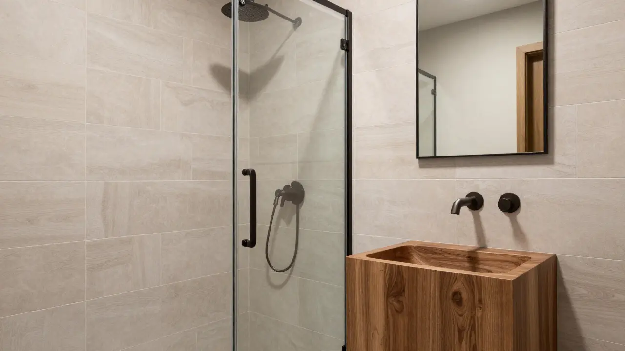 Koupelna s keramickými dlaždicemi imitujícími dřevo, skleněnou sprchou a dřevěným umyvadlem.