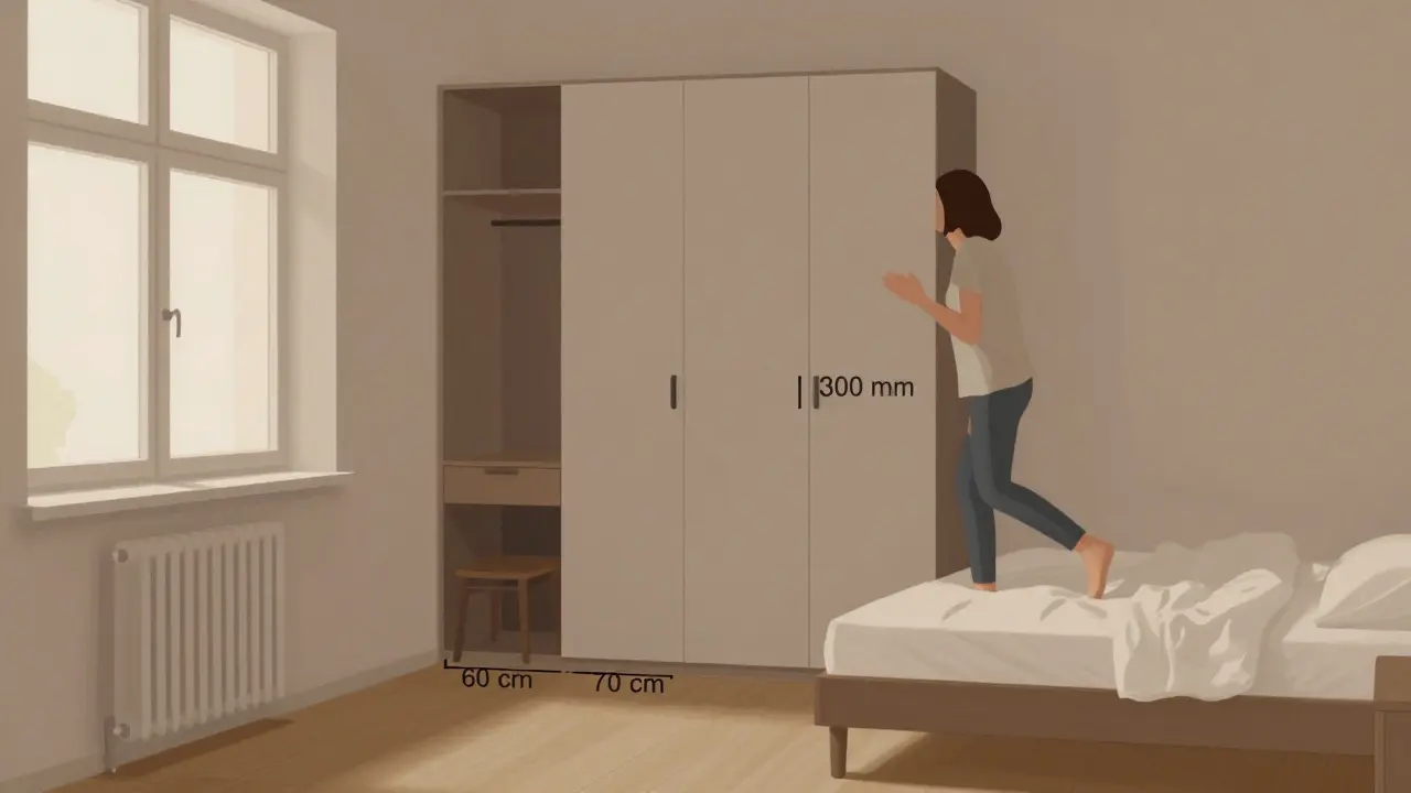 Ložnice s postelí, šatníkem a pracovním stolem, všechno s dostatečným volným prostorem pro pohyb.