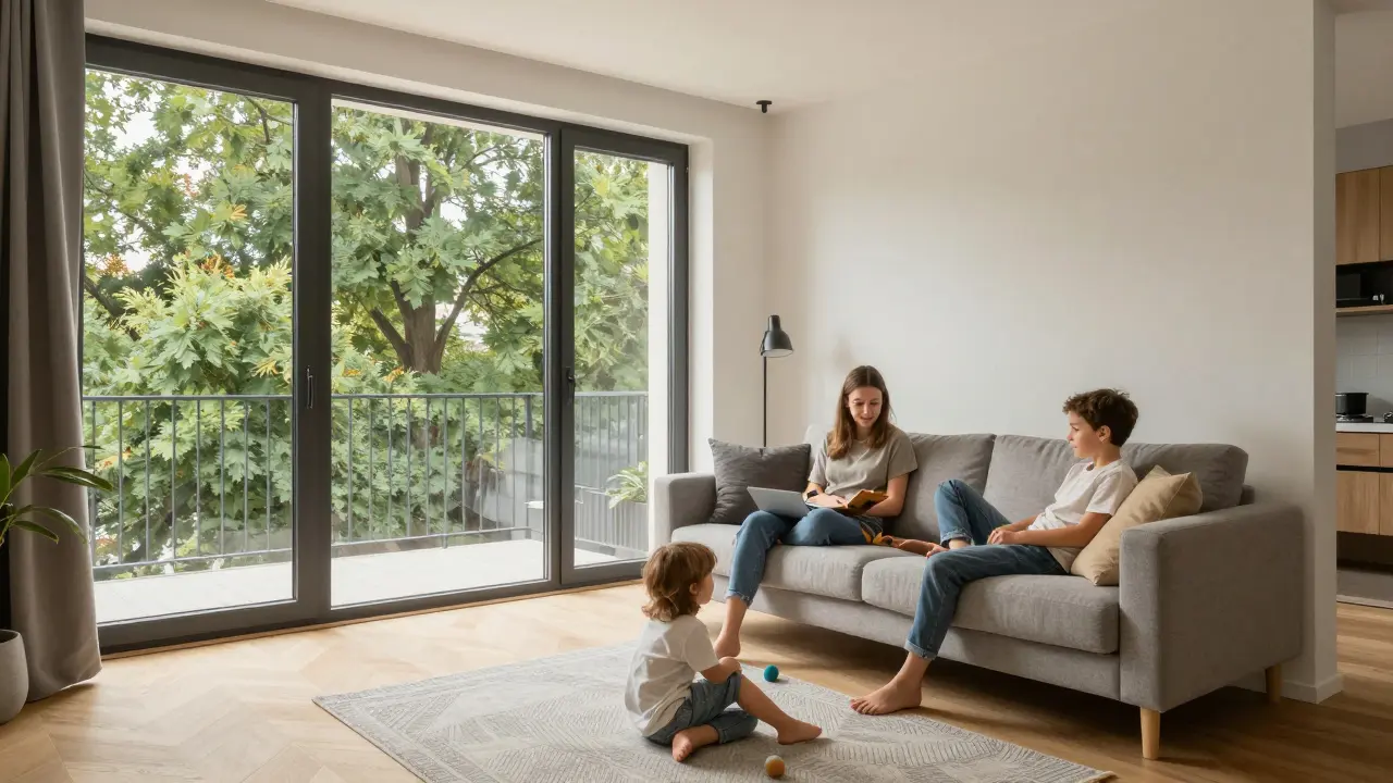 Modern 2+kk apartment in Prague 5 with green park view and family relaxing indoors.