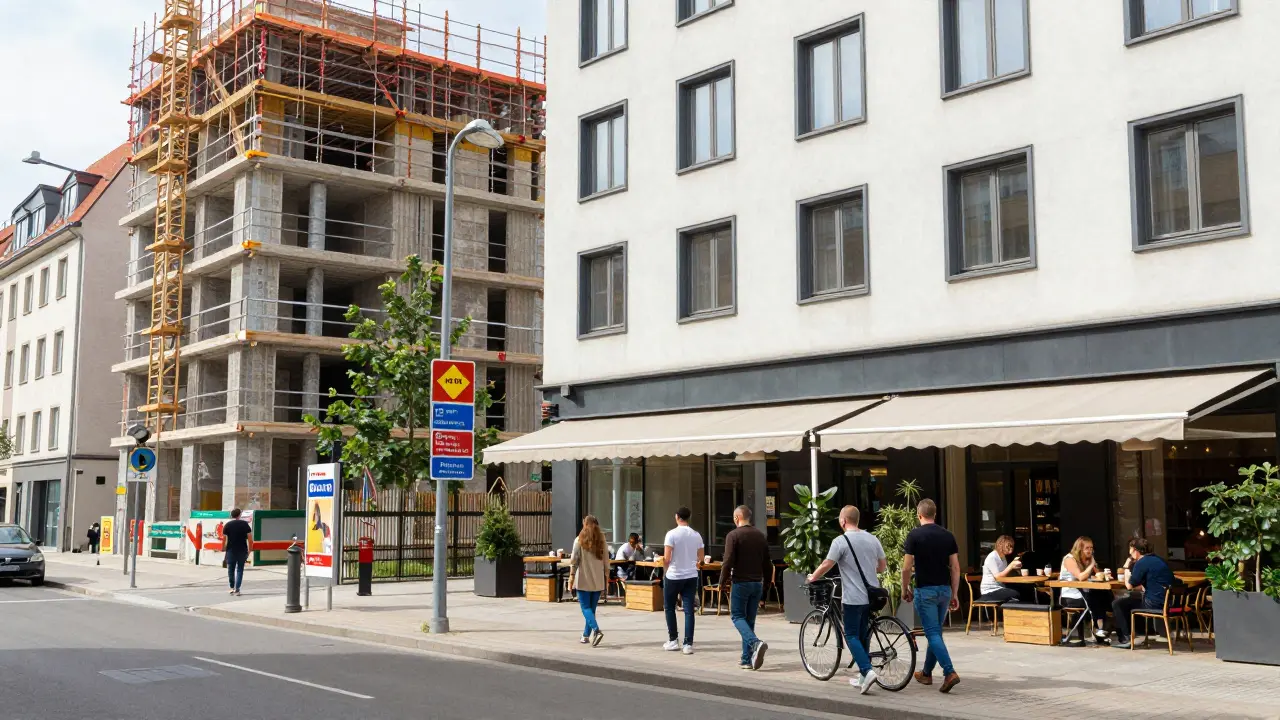 Modern residential buildings and lively streets in Prague 8, with cafes and public transport.