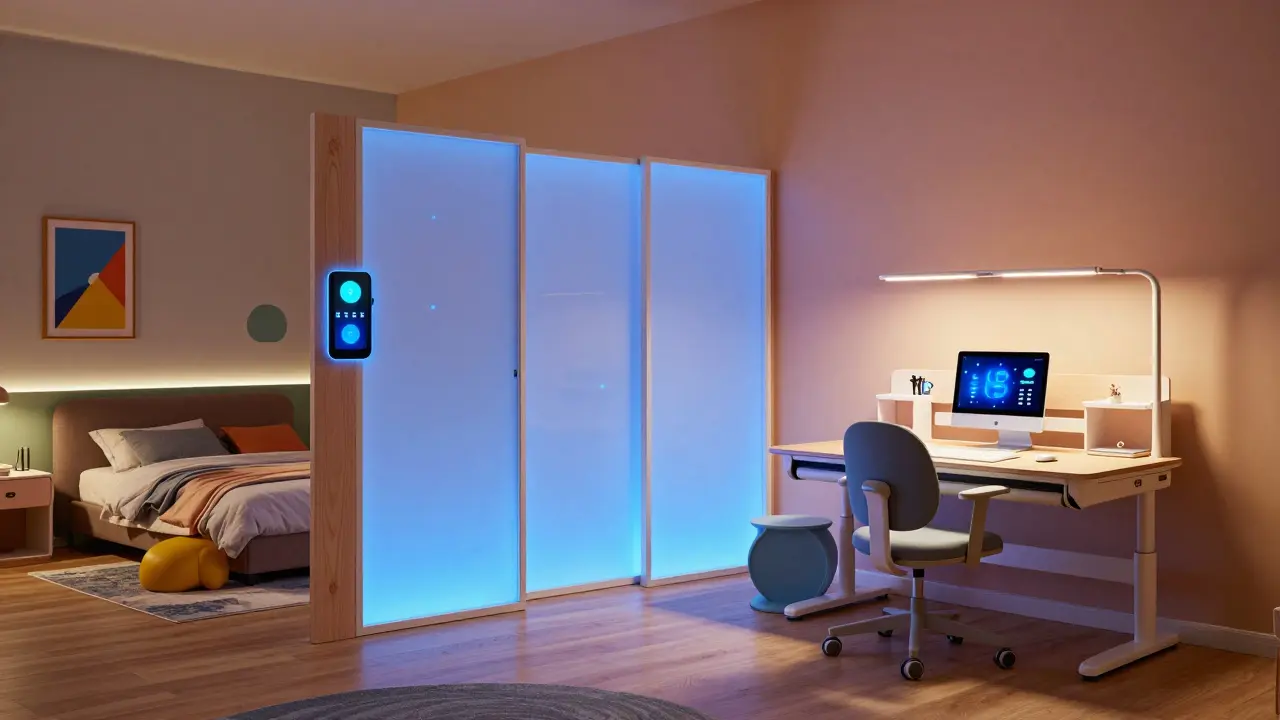 Moderní dětský pokoj s chytrým osvětlením a modulárními prvky.