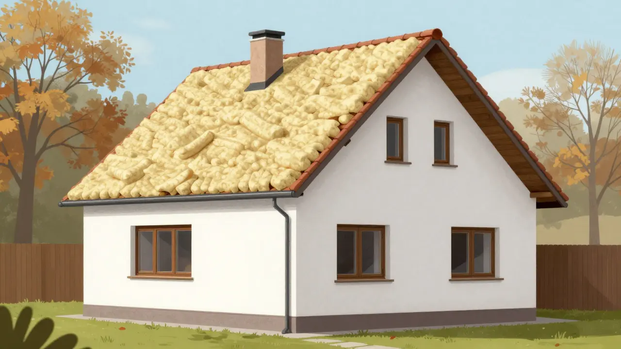 Modernizovaný dům s minerální vatou a novými okny, kontrastující s původním, neizolovaným stavem.