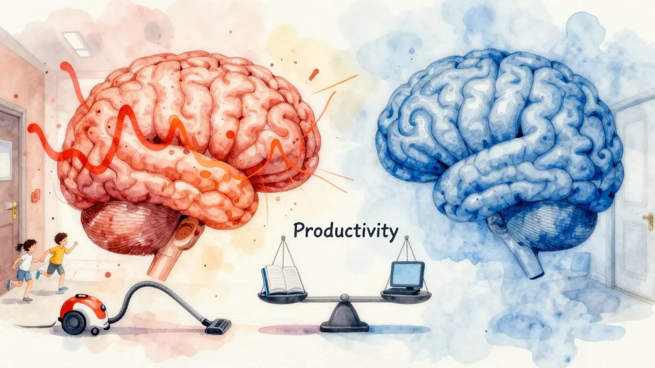Možnost mozku v klidném a rušivém prostředí – kontrast mezi chaosem hluku a klidem pro koncentraci.